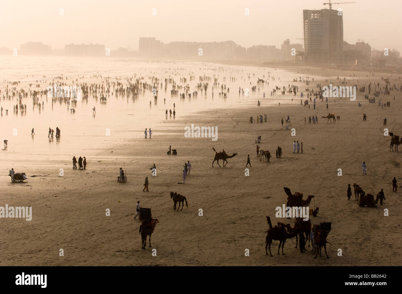 S appréciant les chameaux pakistanais et la mer sur la plage de Clifton Karachi Pakistan Banque D'Images