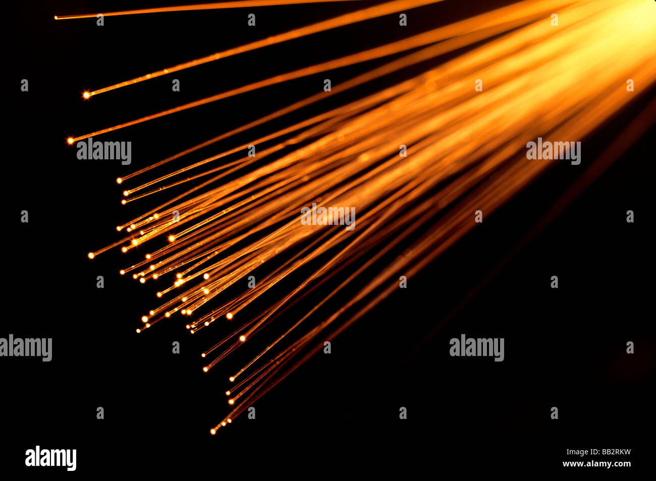 Brins de fibre optique illuminées transmettant la lumière des images via des fibres transparentes. Banque D'Images