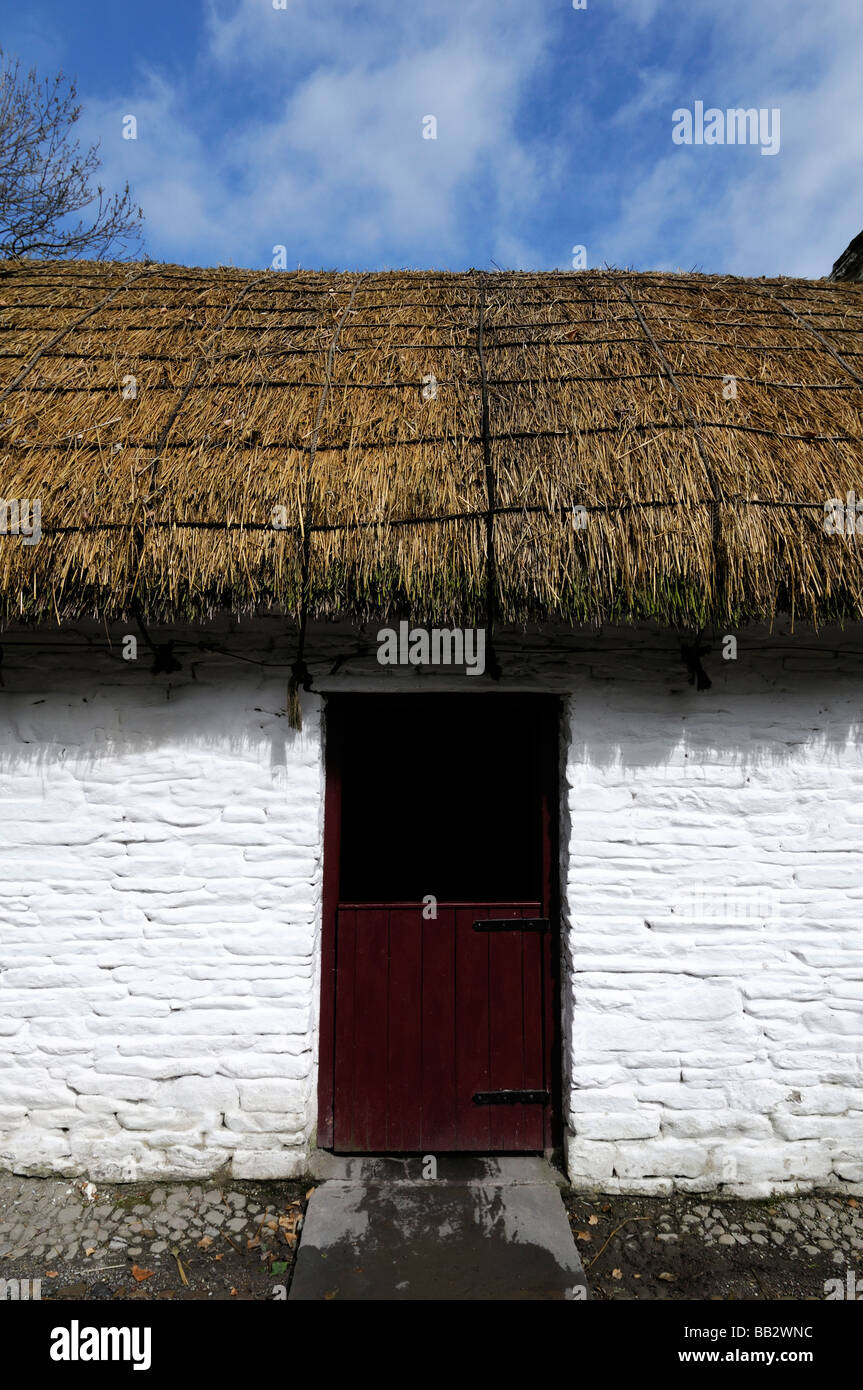 Cottage au toit de chaume avec porte en bois rouge à demi ouverte châssis de fenêtre blanc peint blanc maison traditionnelle en pierre bleu du ciel l'Irlande Banque D'Images