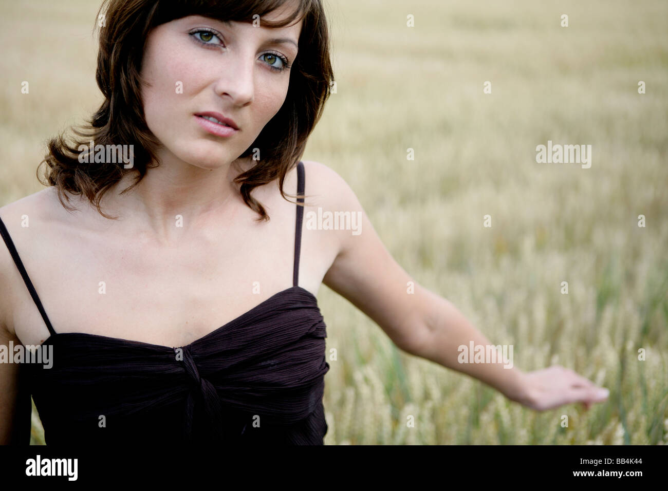 Jeune femme dans un champ de maïs en grains touchant Banque D'Images