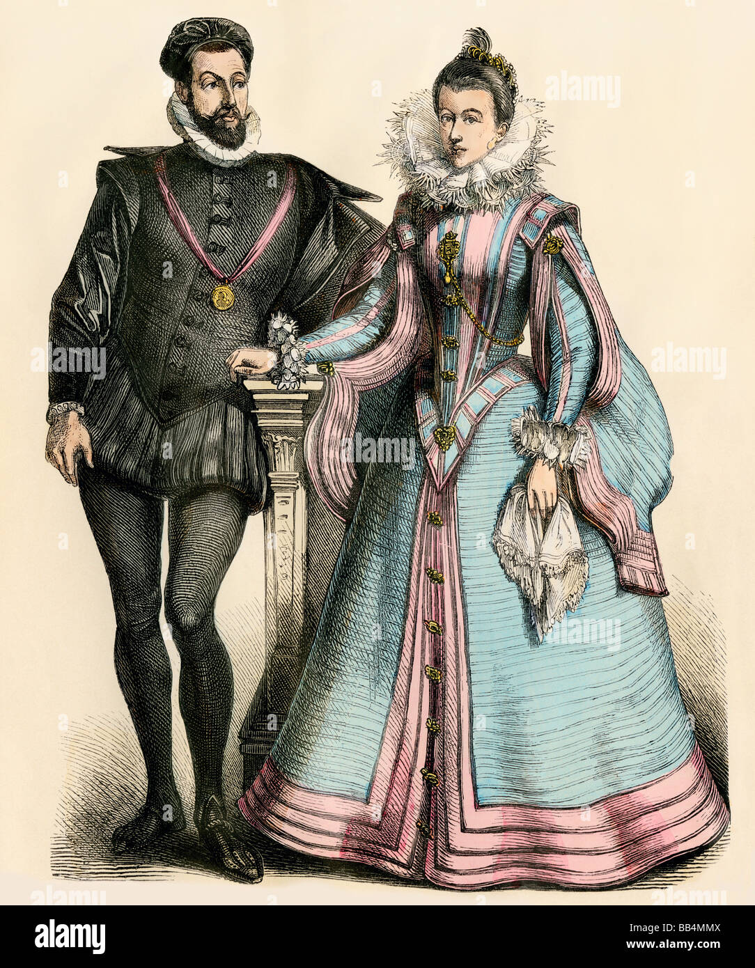 La mode de la cour française du 16ème siècle. Impression couleur à la main Banque D'Images