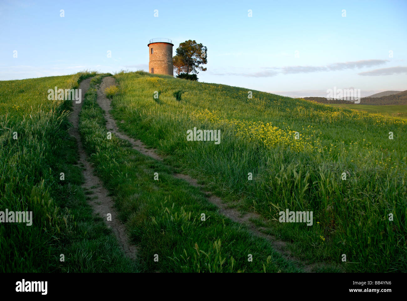 Les voies menant au milieu d'un paysage verdoyant de tour d'observation contre le ciel près de medieval (une fois) village étrusque Bibbona, Toscane, Italie Banque D'Images