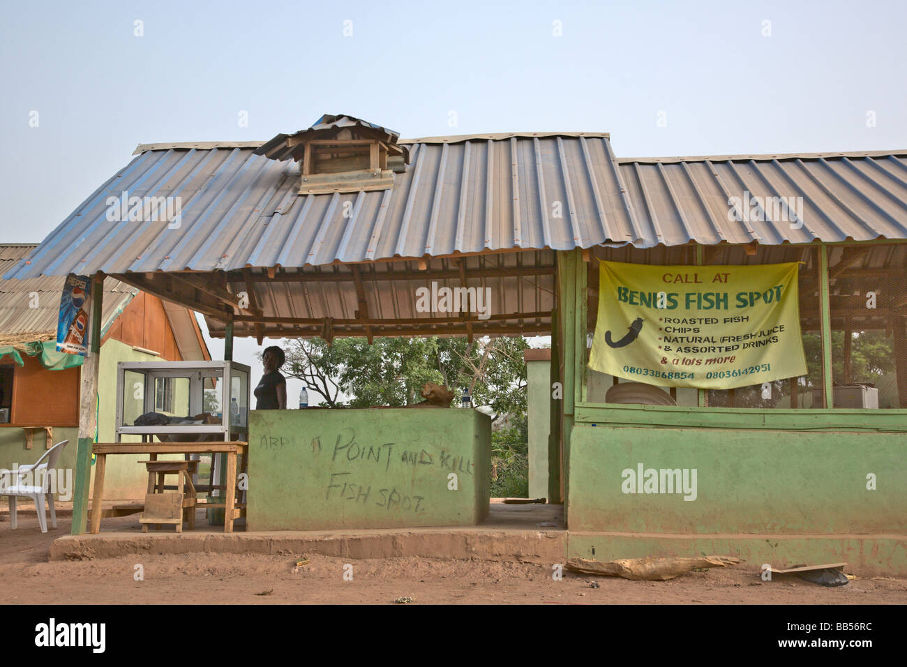 Une jeune femme poisson grills à un 'point route et tuer des poissons en stand Parc Millenium à Abuja, Nigeria. Banque D'Images