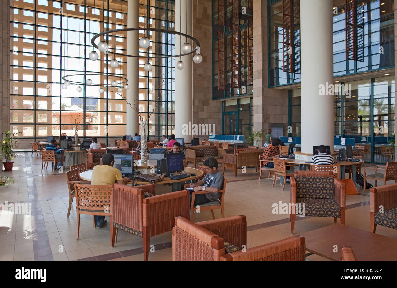 Les élèves de l'ordinateur d'un bureau dans la bibliothèque, nouveau campus, Université américaine du Caire, Egypte Banque D'Images
