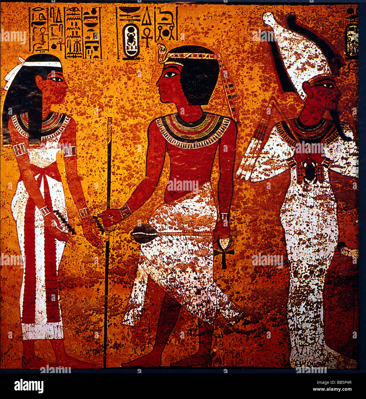 Toutankhamun, roi d'Egypte, 1333 - 1323 av. J.-C., 18ème dynastie, pleine longueur, avec écrou Godes et Dieu Osiris, peinture murale, chambre funéraire, Vallée des Rois, Banque D'Images