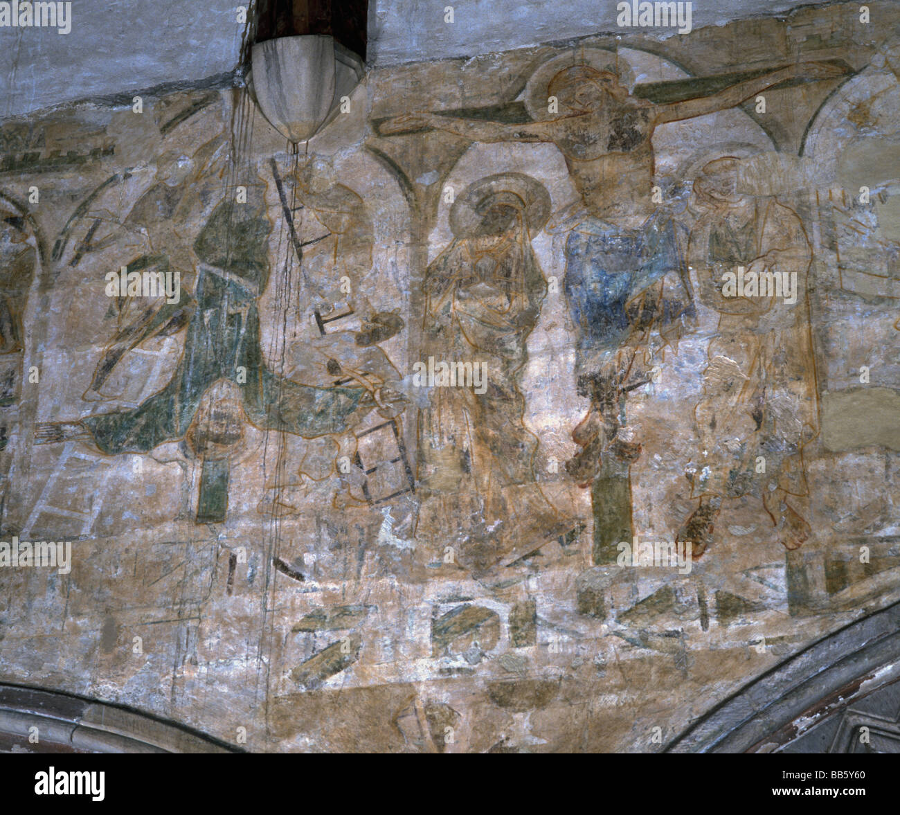 Cathédrale de Durham : Crucifixion peinture murale sur mur arcade Galilée chapelle Banque D'Images
