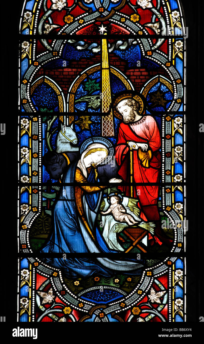 Crèche de vitraux, l'église St.Edith, moines Kirby, Warwickshire, England, UK Banque D'Images