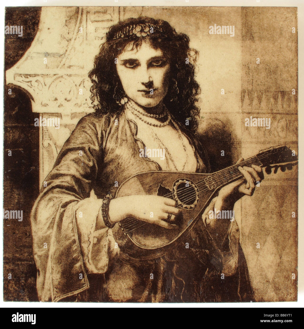 Victorien Antique tile par Pilkington d'une femme glaying mandoline vers 1900 Banque D'Images