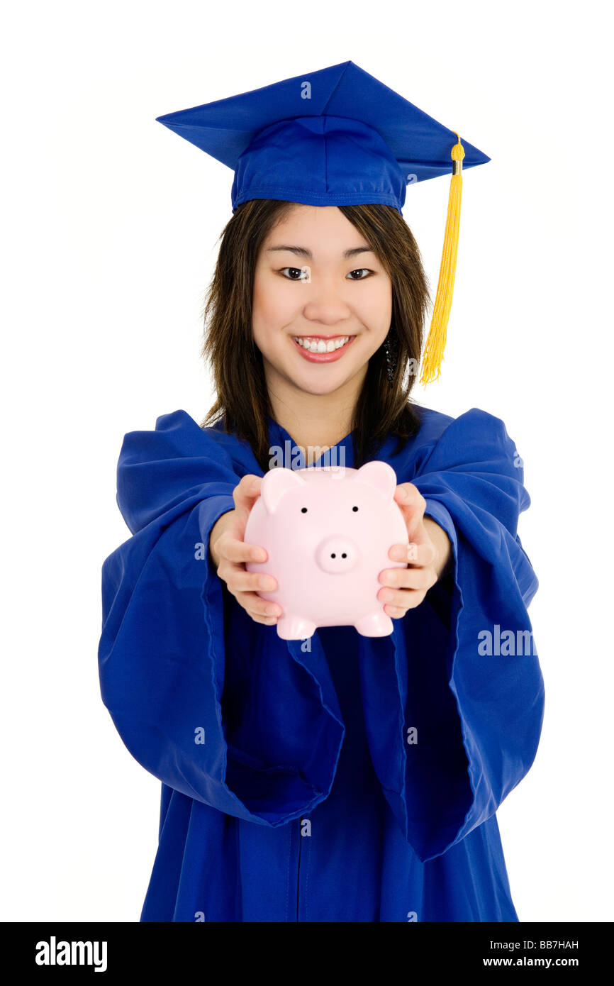 Adolescent asiatique très enthousiaste au sujet de l'obtention du diplôme sur fond blanc Banque D'Images