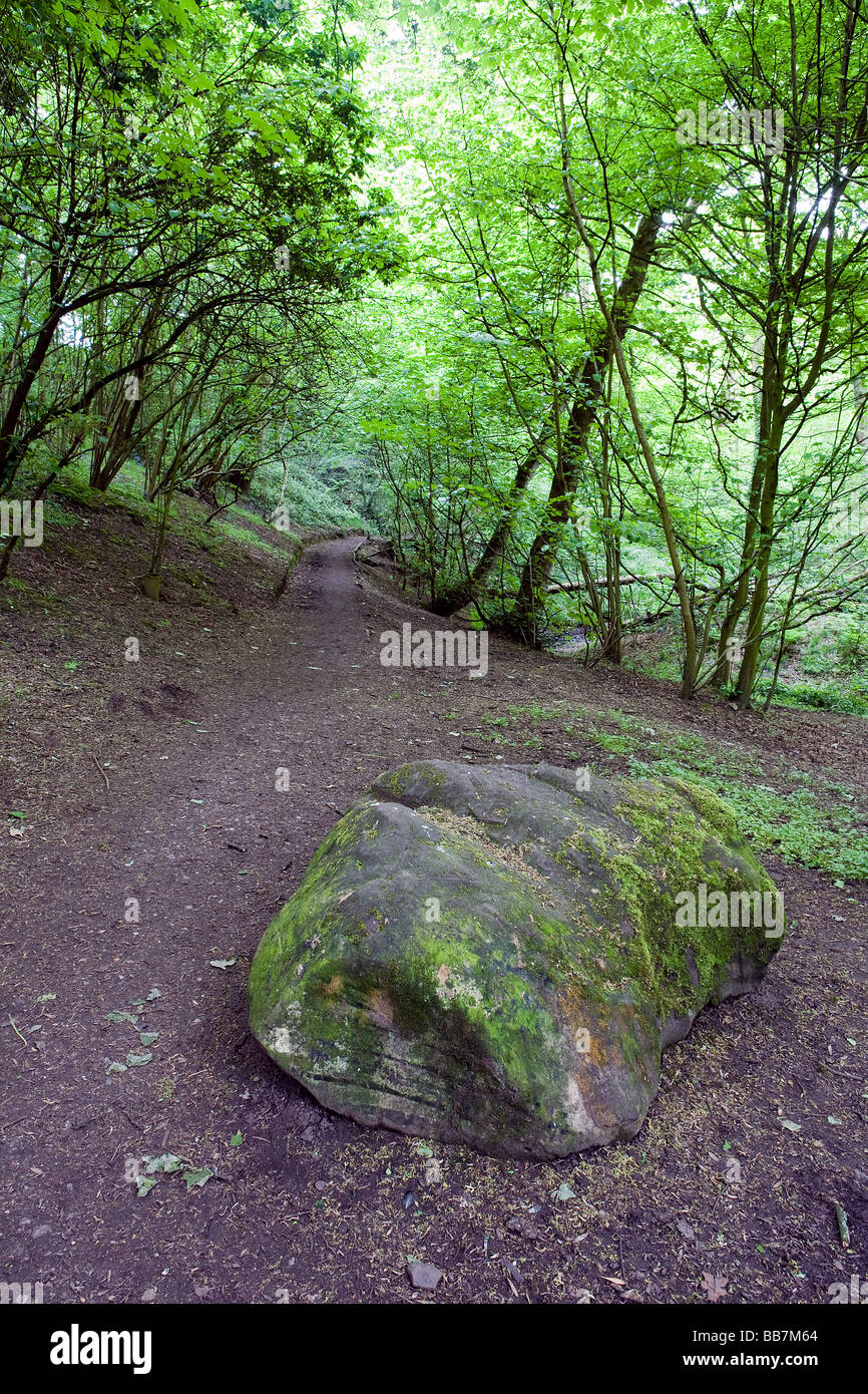 Un grand rocher marque le début d'un pays à pied à travers la forêt à 'l', près de Dingle à Warrington Banque D'Images