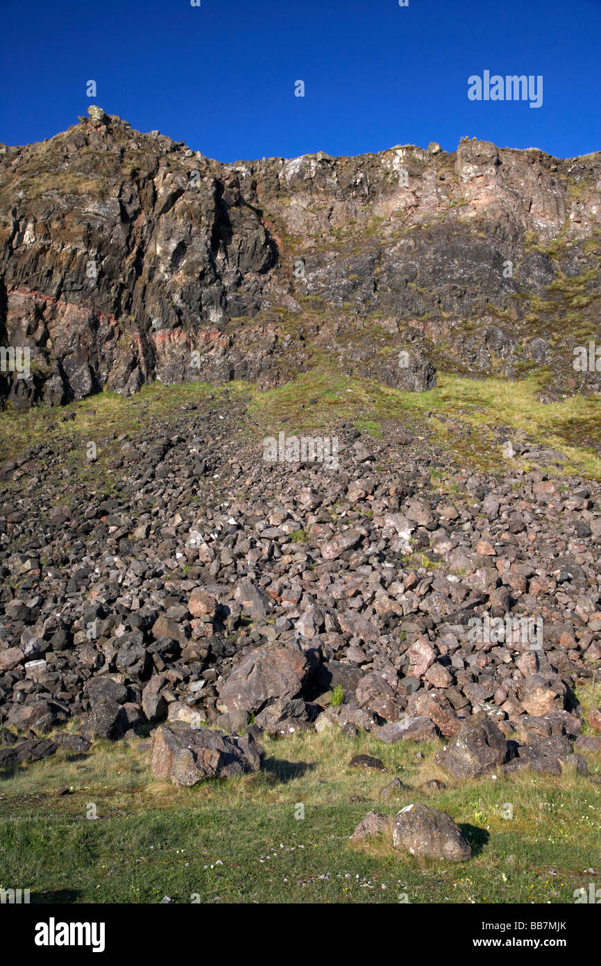 Sous les falaises de basalte d'éboulis dans le comté d'Antrim en Irlande du Nord uk Banque D'Images