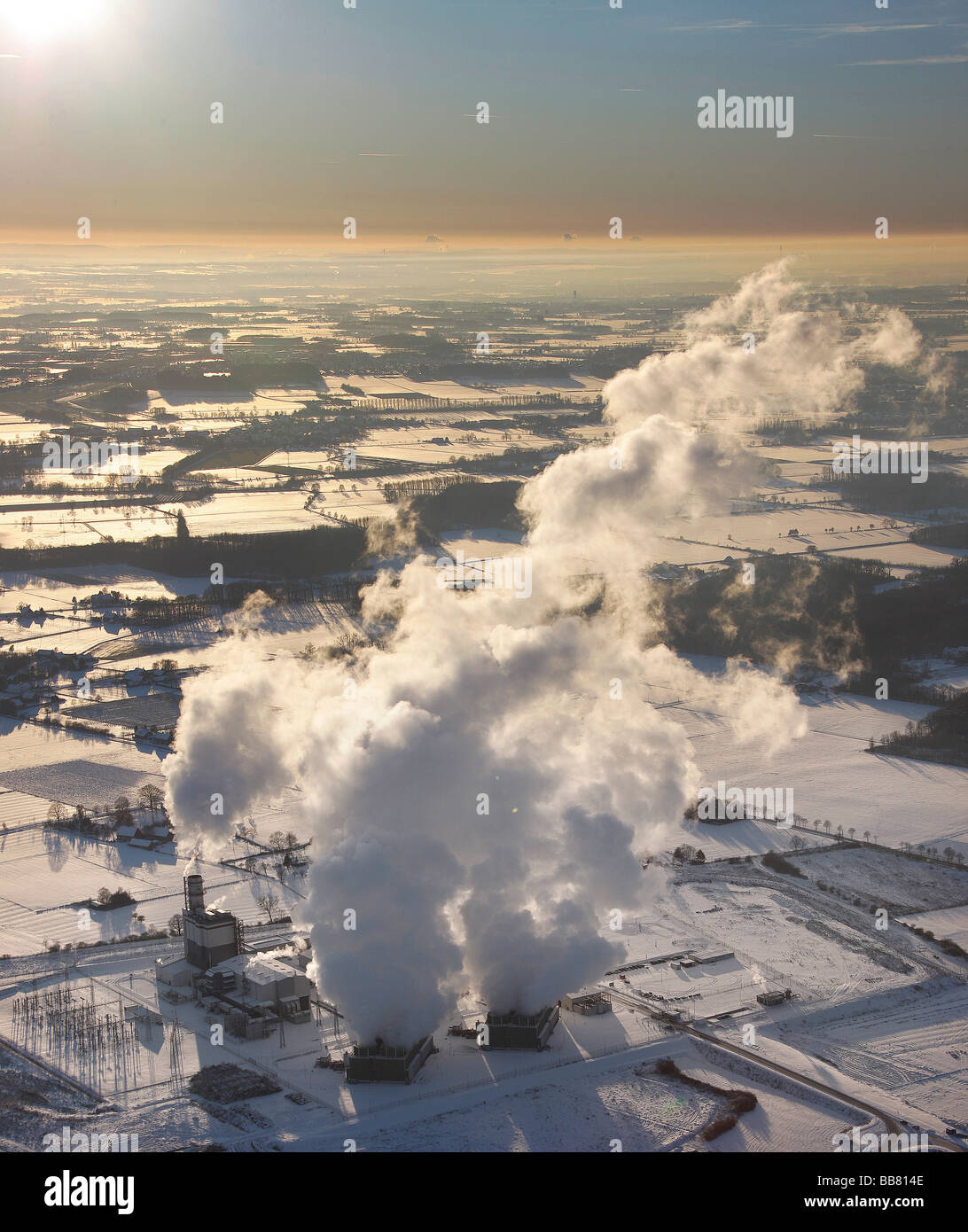 Photo aérienne, Uentrop turbine à gaz GUD power station, neige, Hamm, Ruhr, Nordrhein-Westfalen, Germany, Europe Banque D'Images
