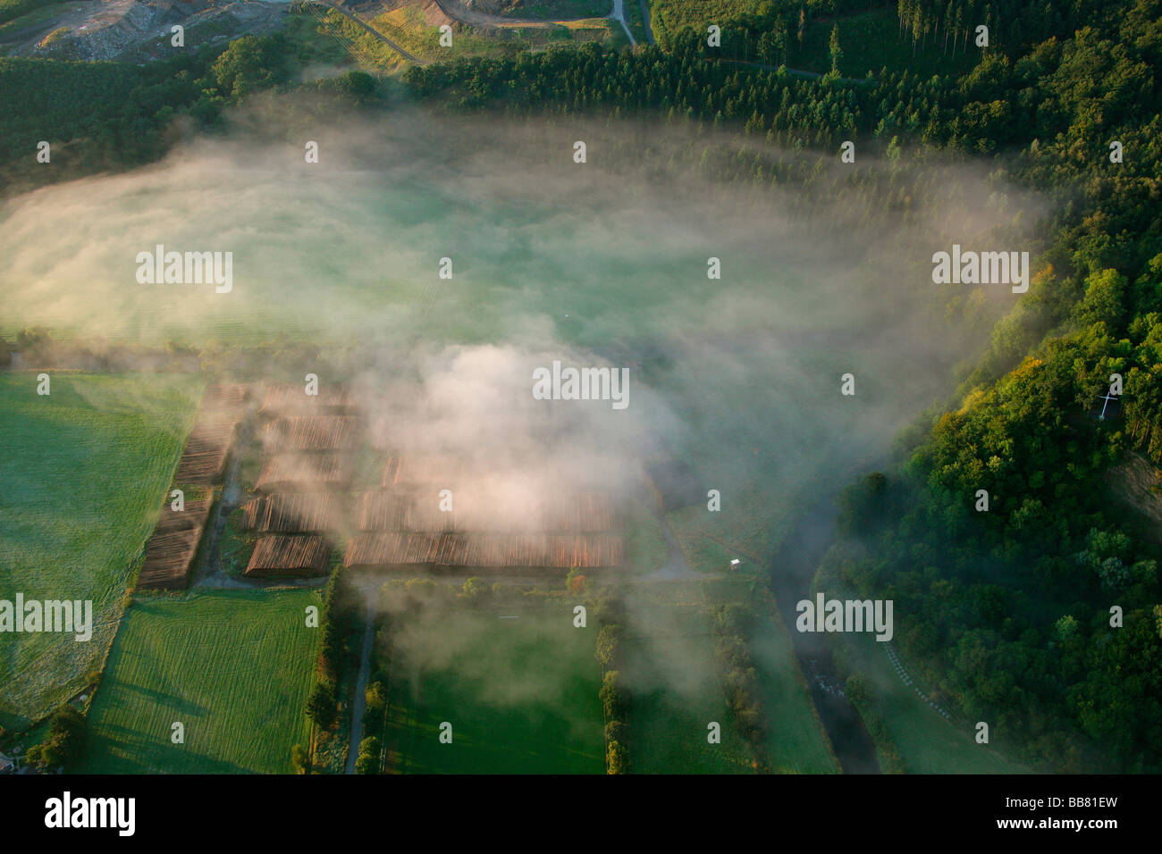 Photo aérienne, matin, brouillard, paysage vallonné, Meschede Buchholz, Meschede, Coesfeld, Sauerland, Rhénanie du Nord-Westphalie, Banque D'Images
