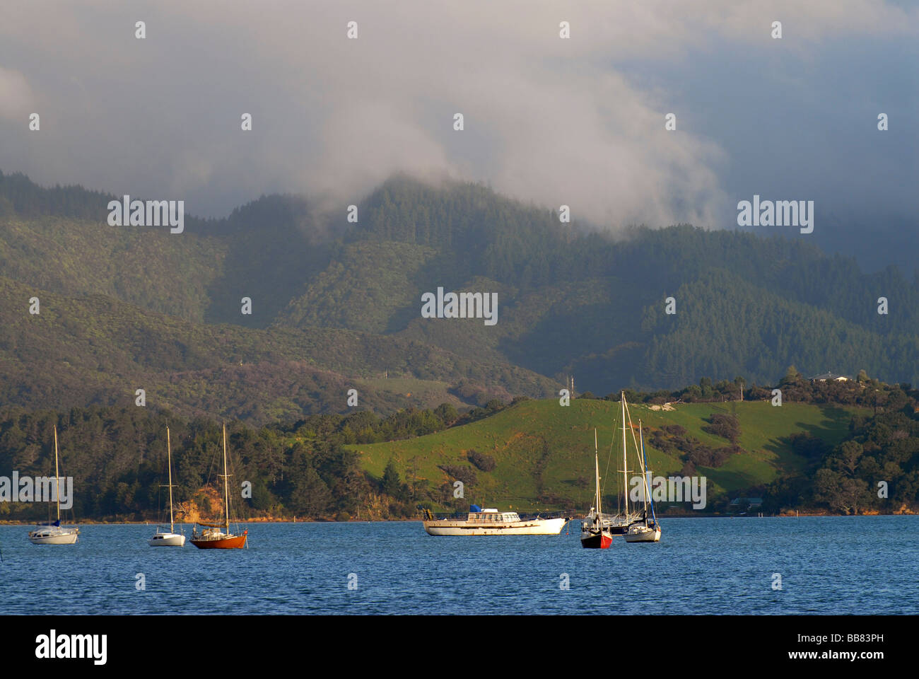 La côte de Coromandel Peninsula avec quelques bateaux en douce soirée lumière près de la ville de Coromandel, Nouvelle-Zélande Banque D'Images