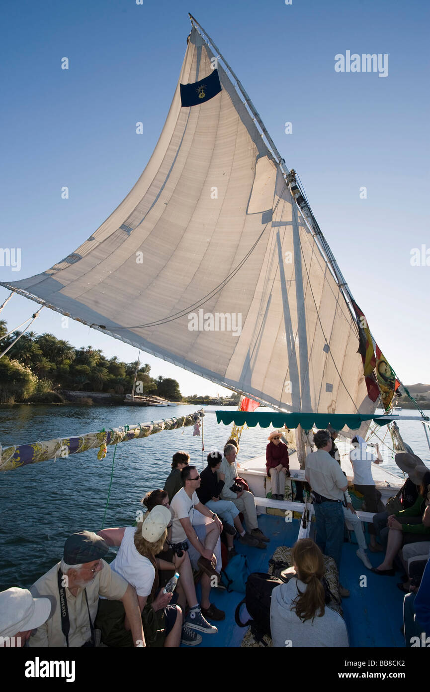 Les touristes sur une felouque sur le Nil, Assouan, Egypte, Afrique du Sud Banque D'Images