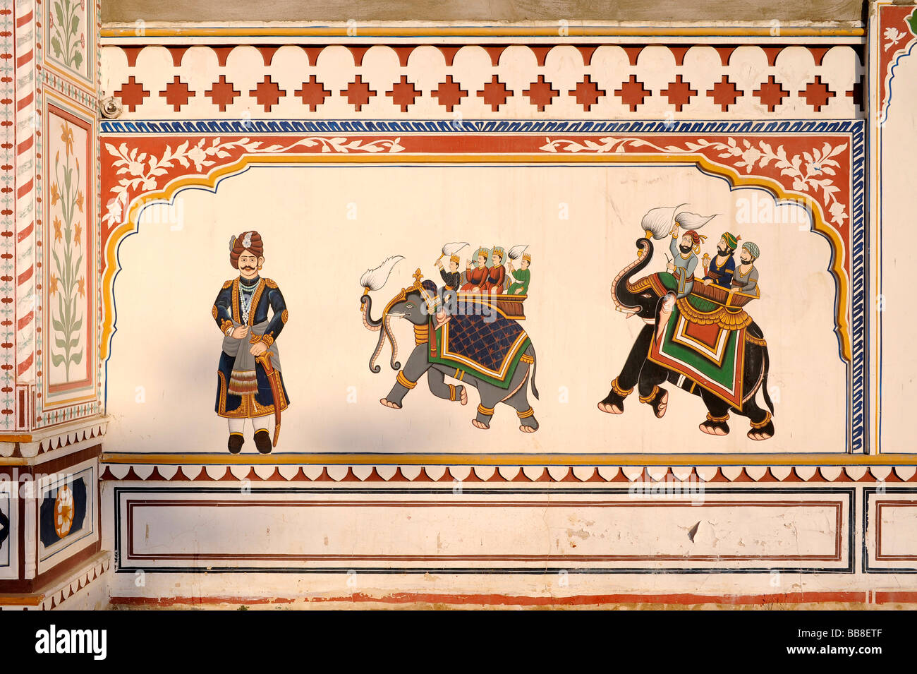 Décoration murale avec des éléphants, Rajasthan, Inde du Nord, en Asie du Sud Banque D'Images