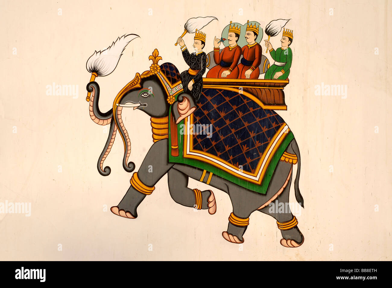 Fresque avec coureurs sur décoré éléphant, Rajasthan, Inde du Nord, en Asie du Sud Banque D'Images