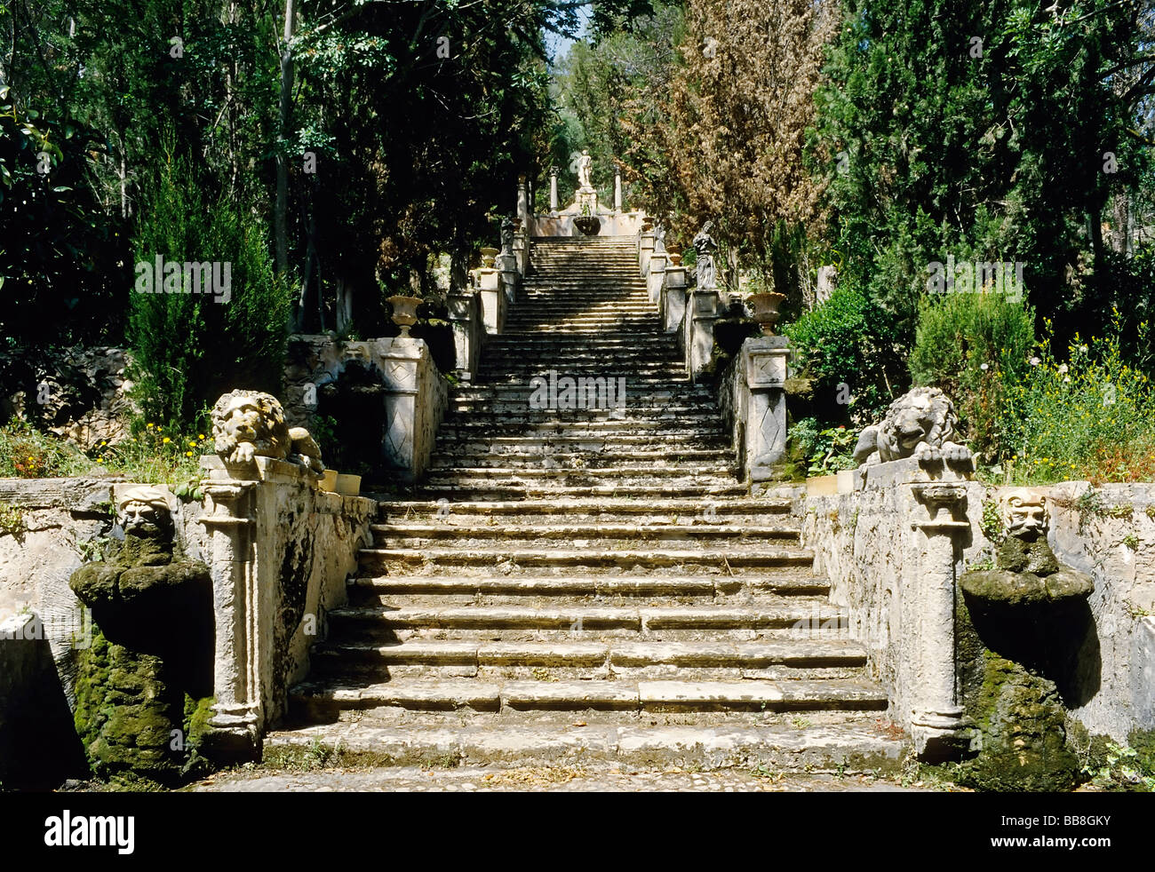La Raixa, jardins de style Renaissance des escaliers, près de Bunyola, Serra de Tramuntana, à Majorque, Baléares Islan Banque D'Images