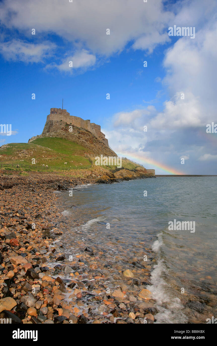 Tempête arc-en-ciel Château de Lindisfarne Île Sainte de la côte nord de Lindisfarne Comté de Northumbrie Northumbrie England UK Banque D'Images