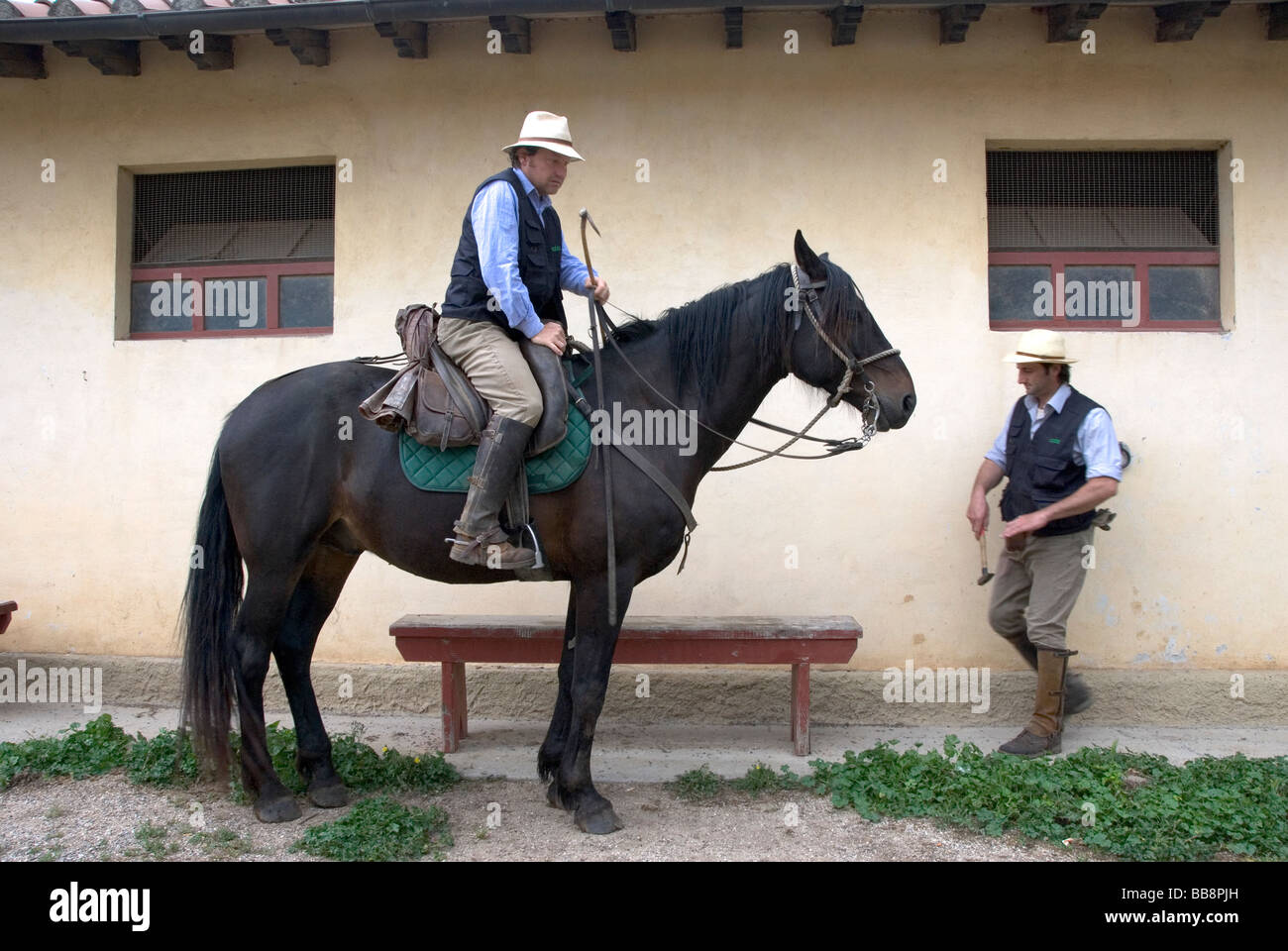 Cowboy appelé Butteri Maremma monte son cheval, il porte des vêtements traditionnels et des engins Banque D'Images