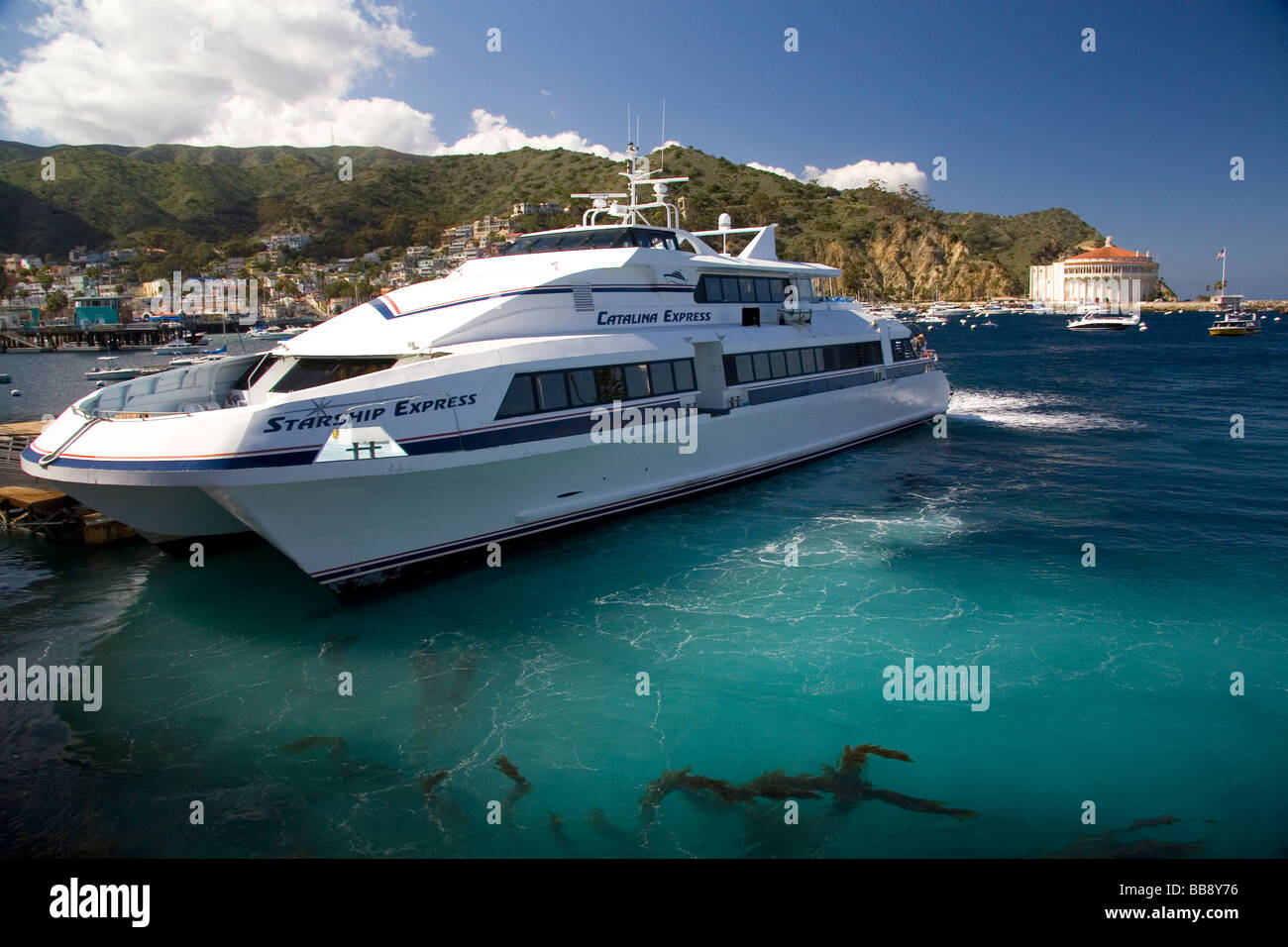 Catamaran Moteur jet bateau amarré au quai de la ville d'Avalon sur l'île de Catalina, California USA Banque D'Images