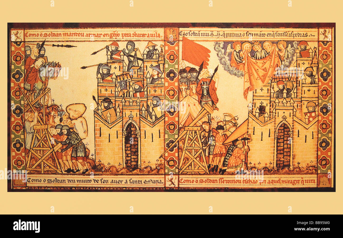 Armes utilisées dans le beige et la défense des châteaux au 13th siècle. Des chansons à la Vierge Marie par le Roi Alfonso X le Sage Banque D'Images