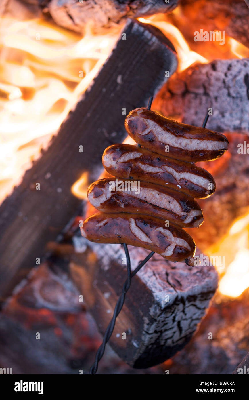 Faire griller des hot-dogs sur un feu de camp Banque D'Images