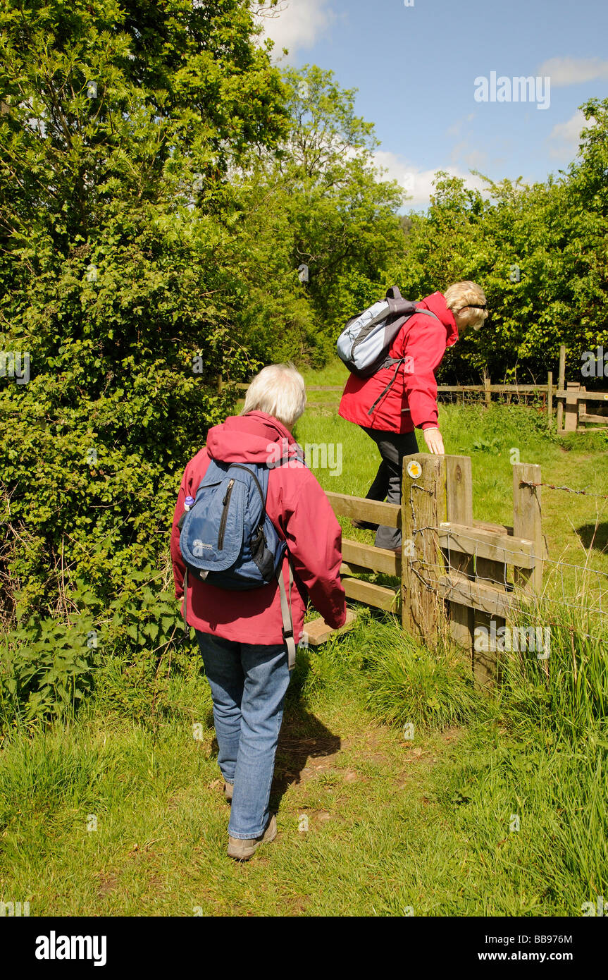 Les marcheurs femelle de la randonnée à travers un champ grimper sur un montant en bois Banque D'Images