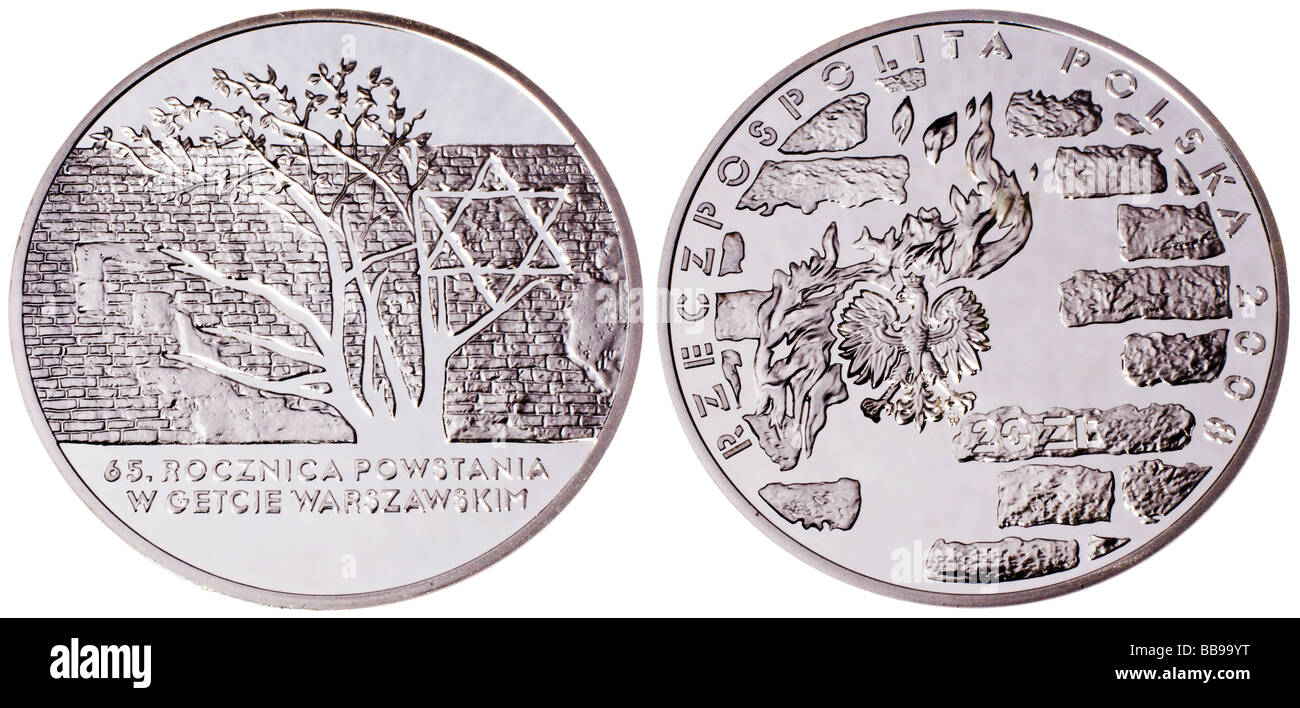 Polish silver 20Zl pièce de 2008 commémorant le 65e anniversaire de l'insurrection du Ghetto de Varsovie en 1943 Banque D'Images