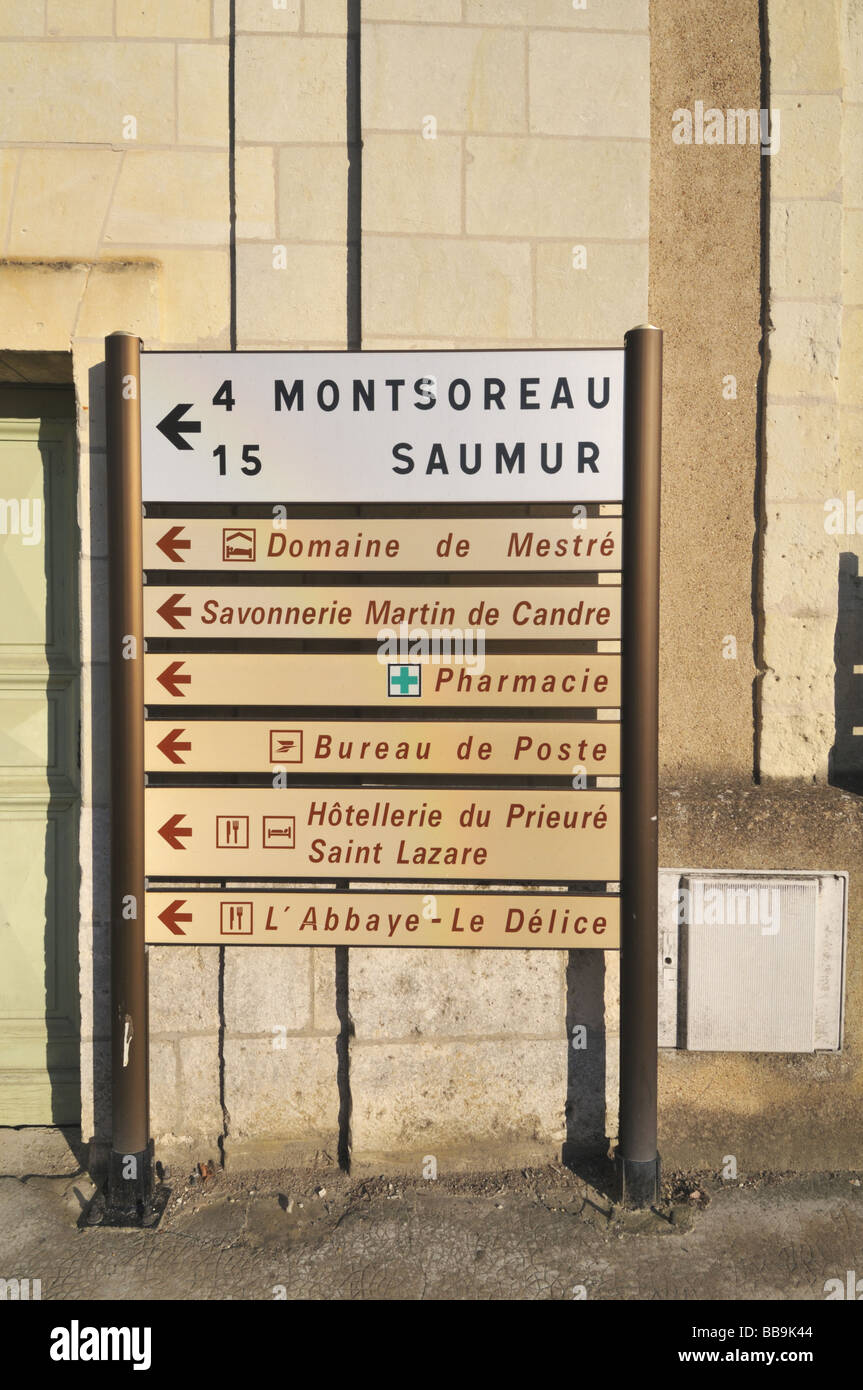 Des panneaux de direction et de l'information, de Fontevraud-l'Abbaye, France. Banque D'Images