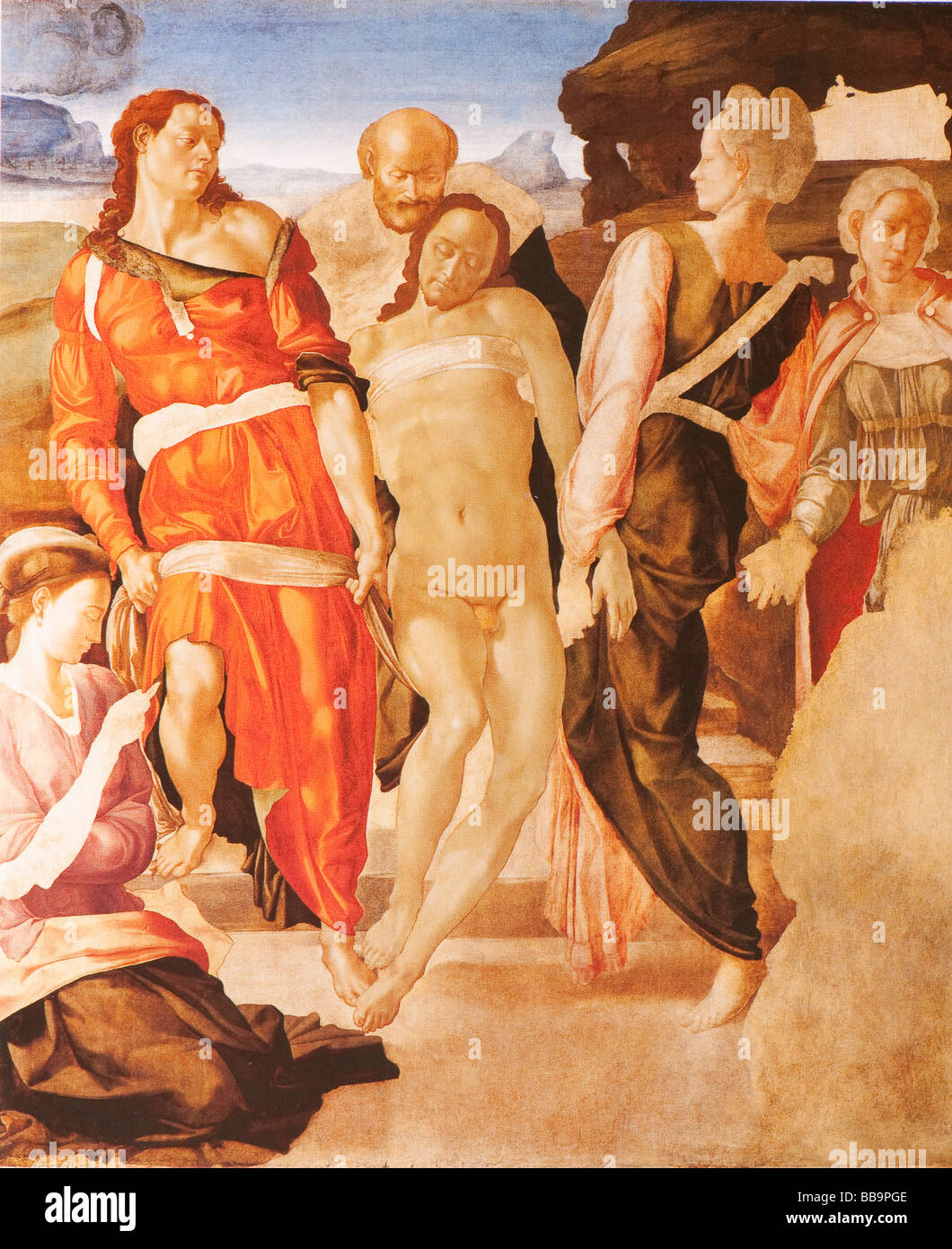 La mise au tombeau, non fini par Michelangelo 1504 huile sur bois Banque D'Images