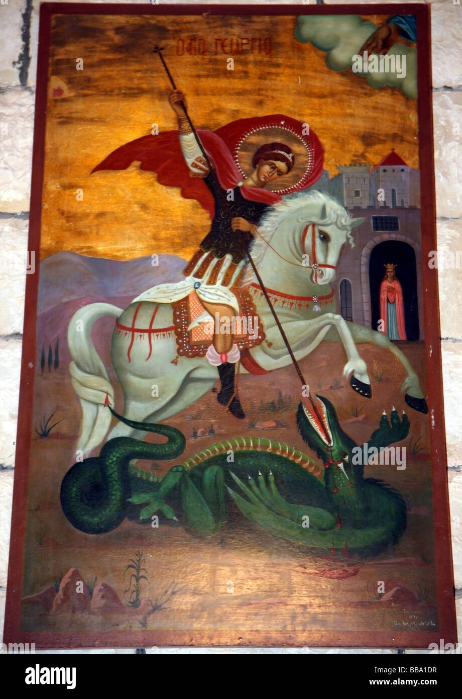 Peinture de St Georges terrassant le dragon sur le mur dans la nouvelle église, le monastère de St George près de Krak des chevaliers en Syrie Banque D'Images