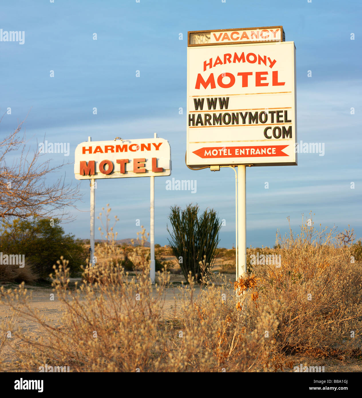 Un motel en bordure de signer dans le parc national de Joshua Tree, California, USA Banque D'Images