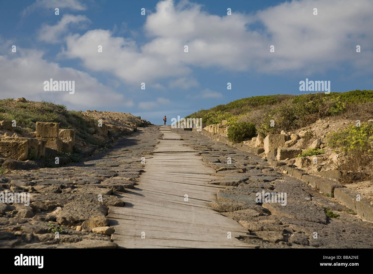 Ville ruine Tharros, voie romaine, Péninsule de Sinis, province de Sassari, Sardaigne, Italie Banque D'Images