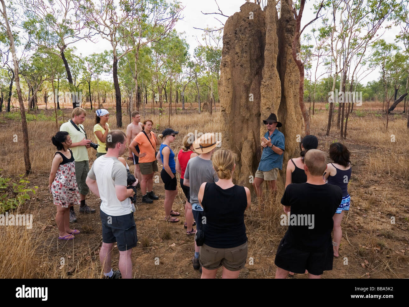 Groupe touristique cathédrale à une termitière dans le Kakadu National Park, Territoire du Nord, Australie Banque D'Images