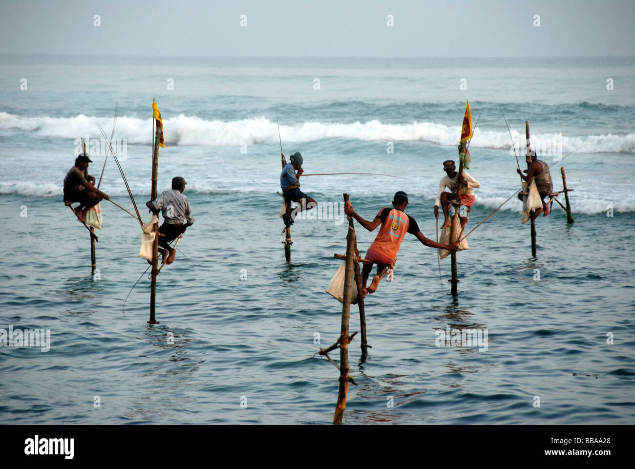 Les pêcheurs sur échasses, les pêcheurs sur pilotis de pêche dans les eaux peu profondes, de l'Océan Indien, Ceylan, le Sri Lanka, l'Asie du Sud, Asie Banque D'Images