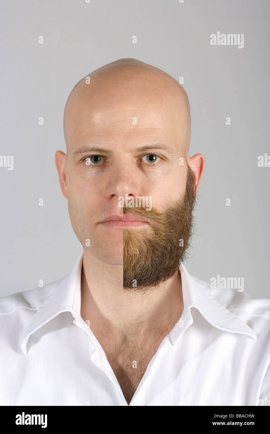 Un homme avec une barbe et moustache rasé la moitié Banque D'Images