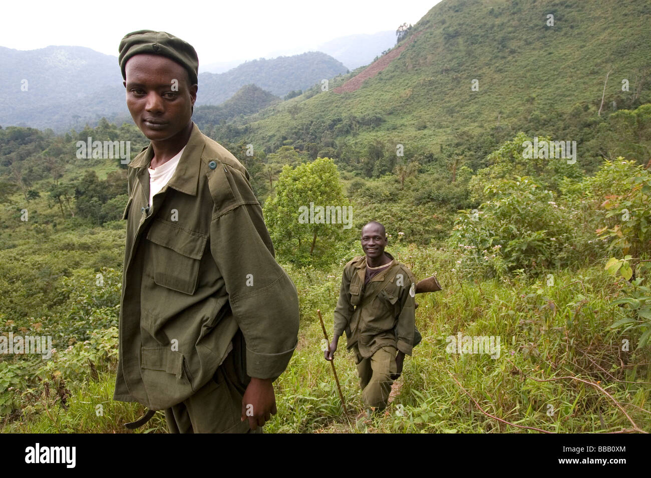Garde armée sur une expédition dans la forêt impénétrable de Bwindi à gorilles de montagne. Banque D'Images