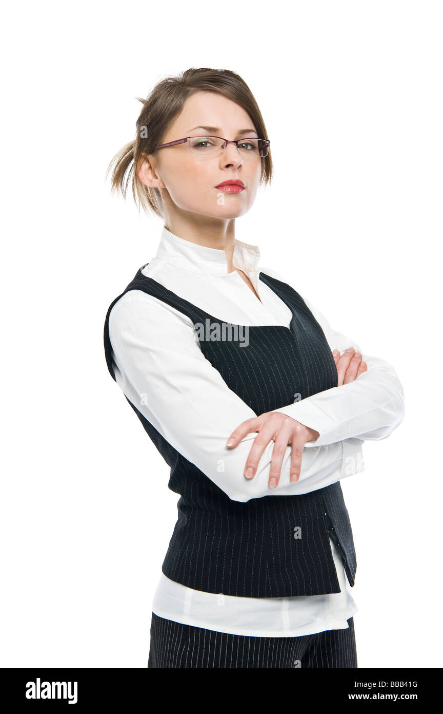 Femme avec des lunettes d'affaires attrayant à la recherche au spectateur avec un sentiment de supériorité Banque D'Images