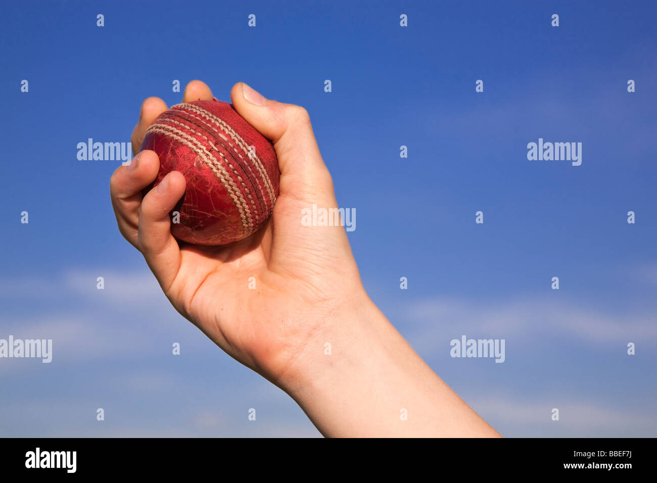 Cricket ball attraper la main contre un ciel bleu Banque D'Images