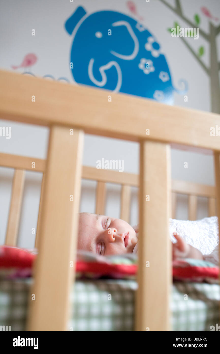 Baby Girl sleeping in crib en pépinière, Toronto, Ontario Banque D'Images