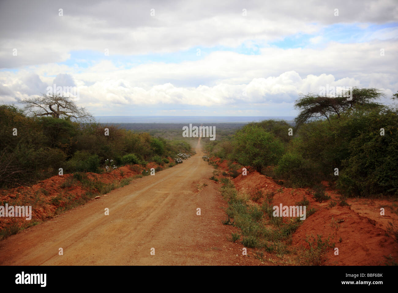 Route droite traversant la région de Manyara en Tanzanie Banque D'Images