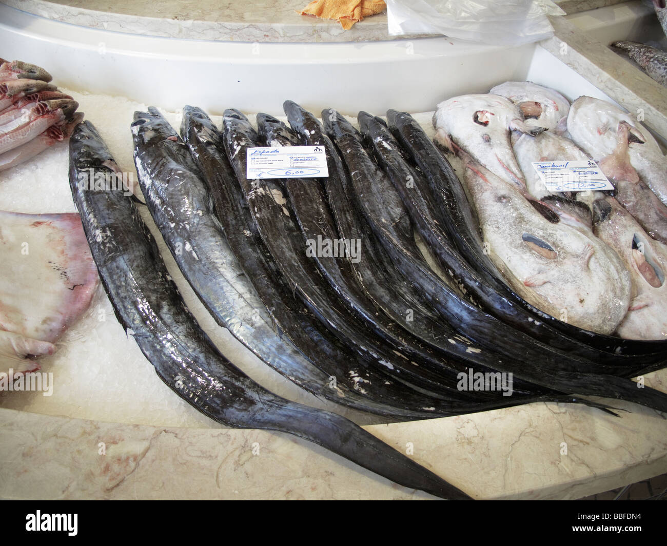 Fourreau noir Aphanopus carbo et Sea devil fish Lophius piscatorius en vente sur le marché au poisson de Lagos Algarve Portugal Banque D'Images