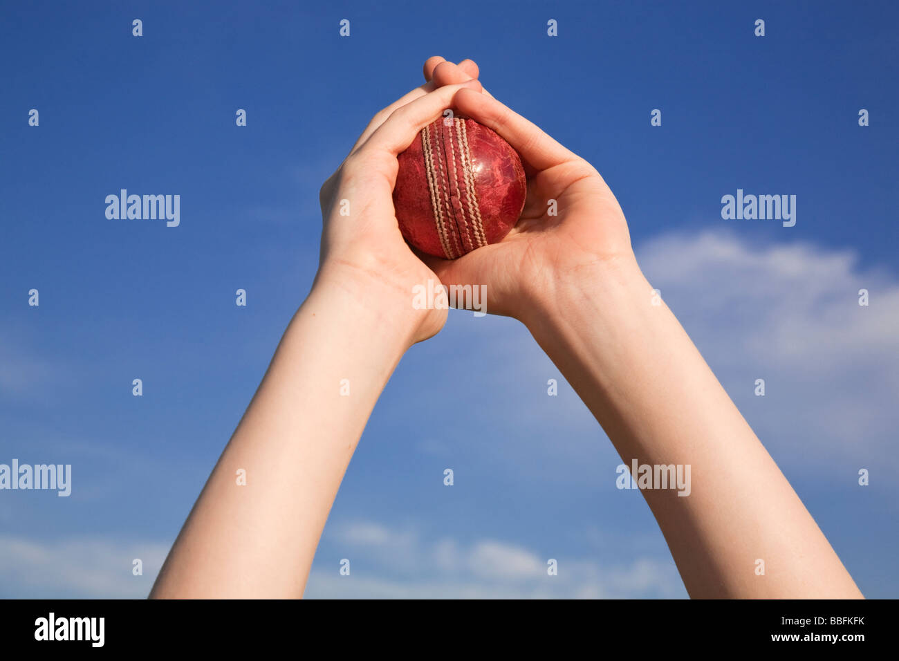 Double haut de captures remis un cricket ball against a blue sky Banque D'Images