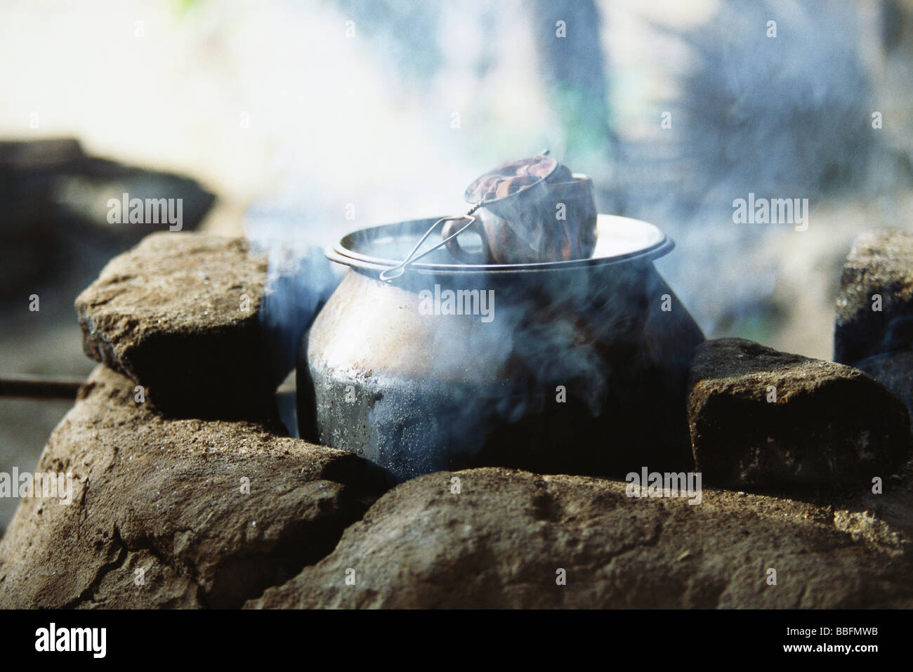 L'infusion de thé dans la tasse en fonte pot placé par-dessus la cuisson à poêle traditionnel Banque D'Images