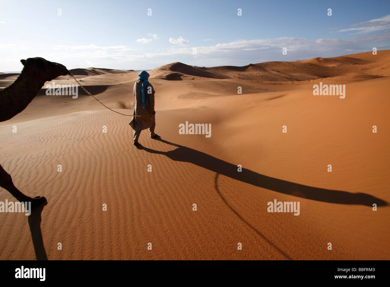 Afrique, Afrique du Nord, Maroc, Sahara, Merzouga, Erg Chebbi, Berbère Tribesman menant Camel Banque D'Images