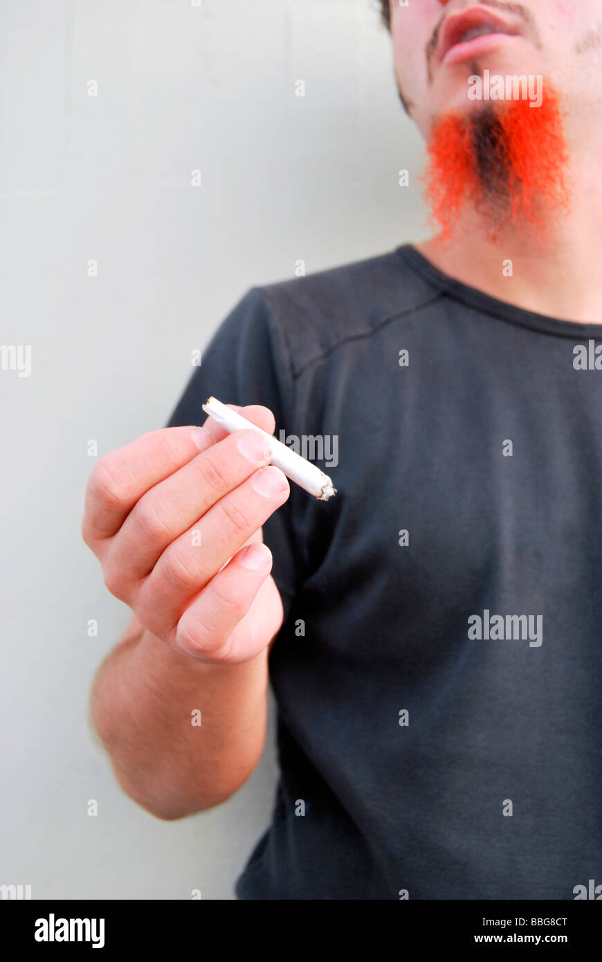 Fumeurs mauvaise herbe, jeune homme avec barbe rouge-noir tenant un joint, cigarette roulée à la main Banque D'Images