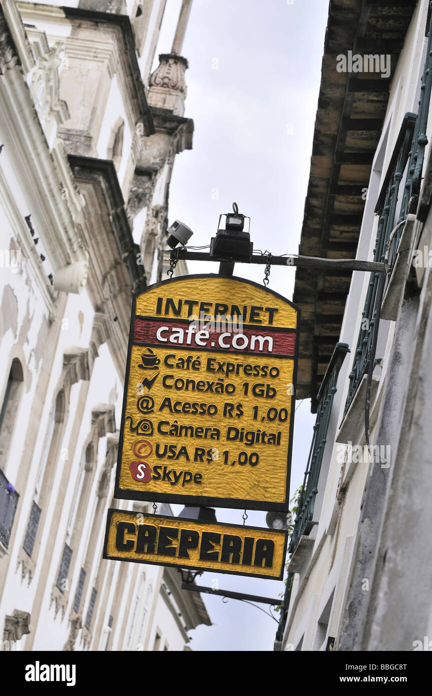 Inscription, café Internet et crêperie, Salvador, Bahia, Brésil, Amérique du Sud Banque D'Images