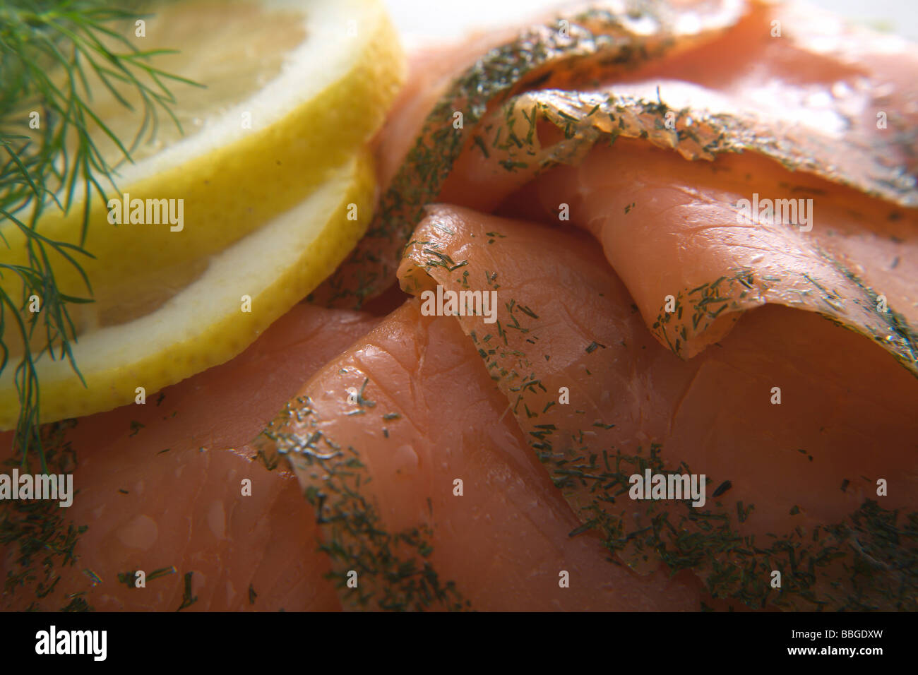 Tranches de saumon fumé au citron et aneth Banque D'Images