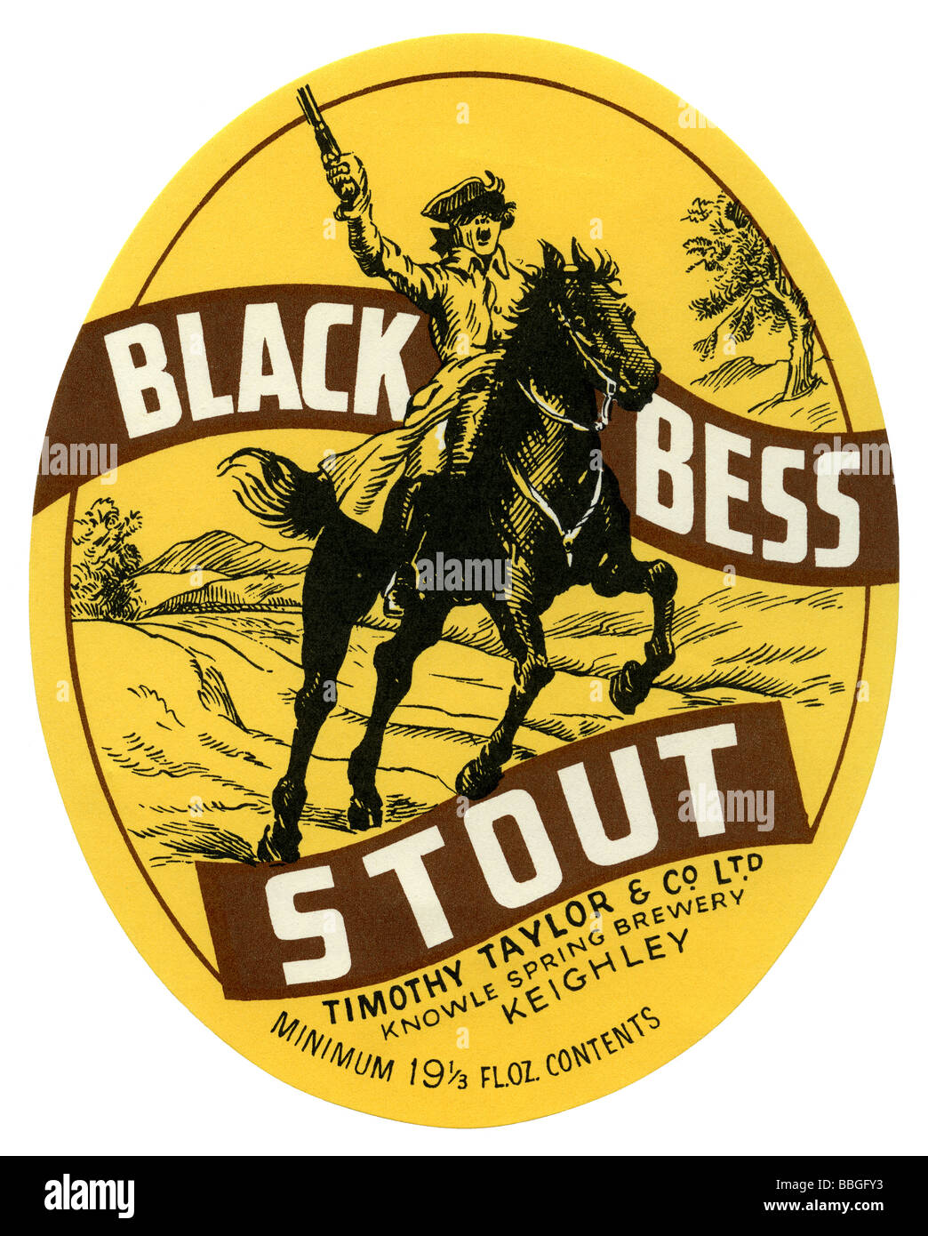 Ancienne étiquette bière britannique pour Timothy Taylor's Black Bess Stout, Keighley, West Yorkshire Banque D'Images